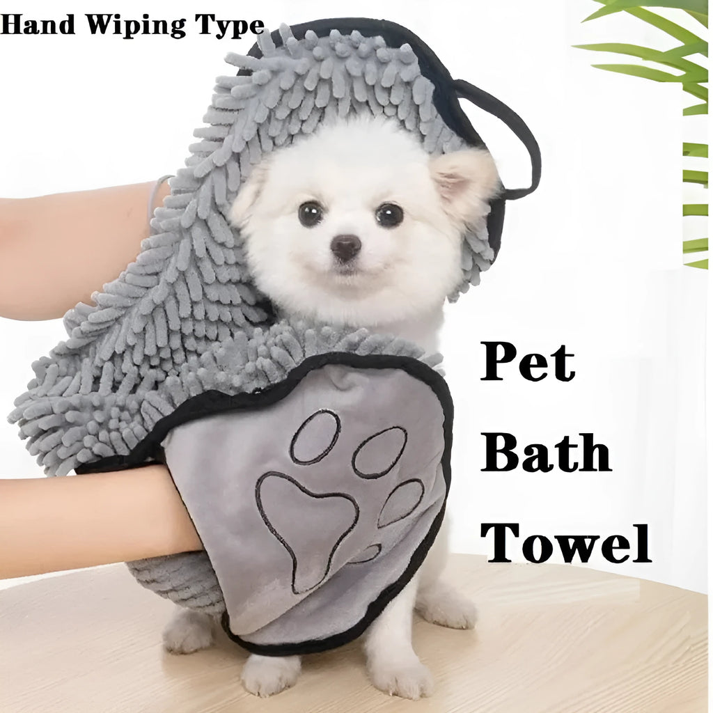 Blue pet bath drying towel for dogs and cats, 62 cm long by 23 cm wide.
