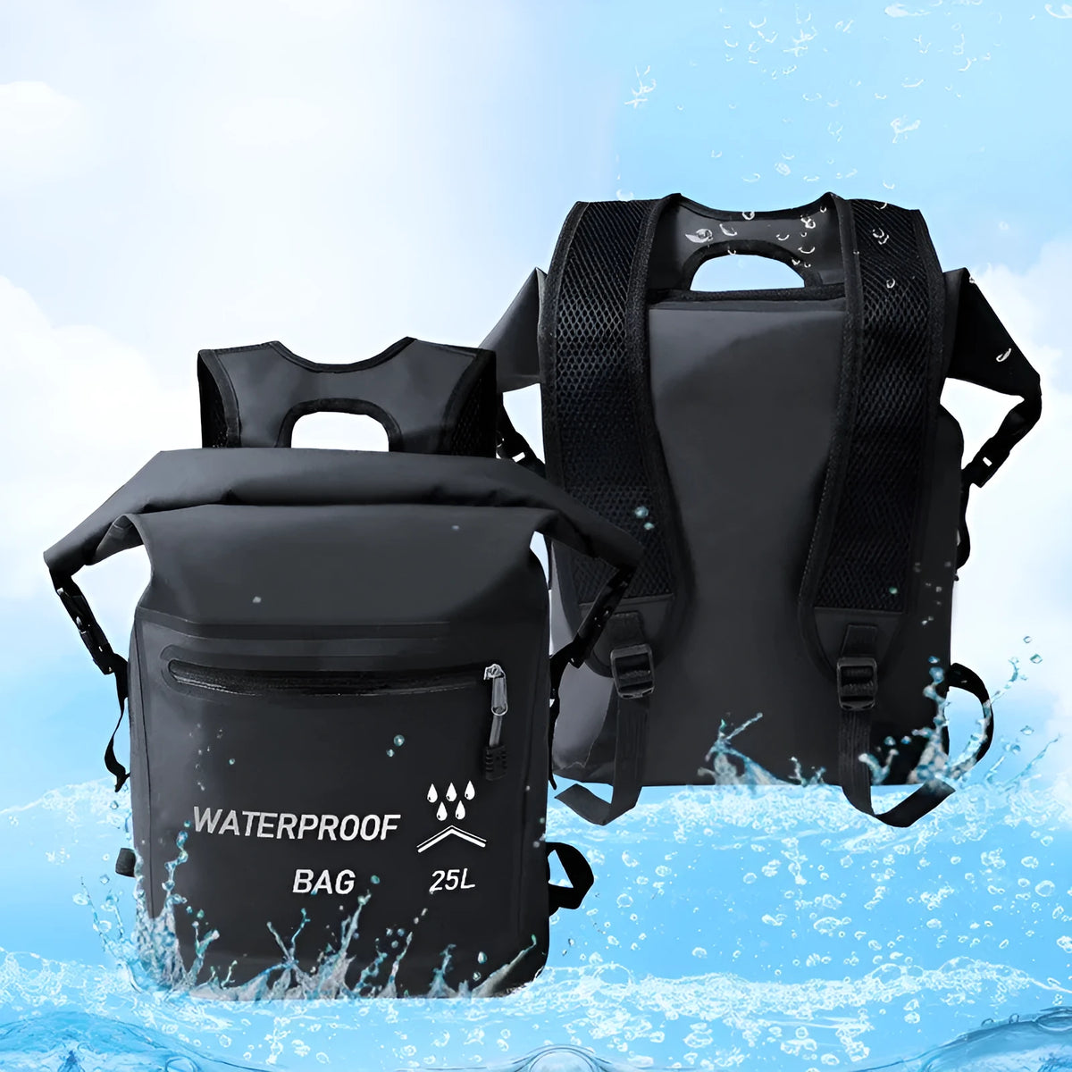 Black 25-litre waterproof backpack for outdoor swimming, river tracing and rafting activities.