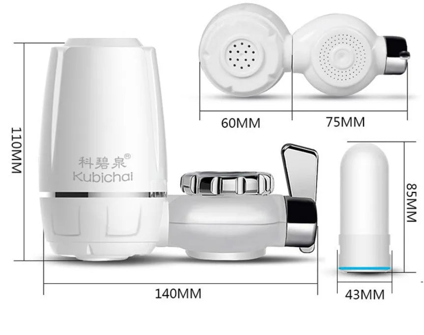 White plastic faucet water filter with adapter kit and ceramic cartridge for kitchen tap installation.