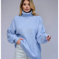 Women's high-neck pullover sweater in thick imitation cashmere polyester fabric in solid colour