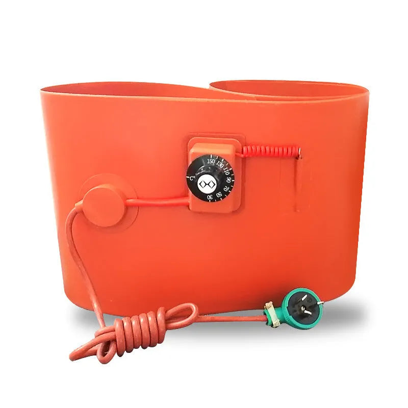Silicone rubber heating belt wrapped around 200-litre oil drum with control interface