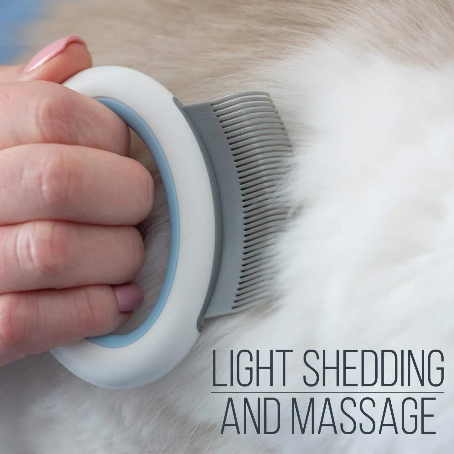 Blue pet grooming comb for cats and dogs on a white background