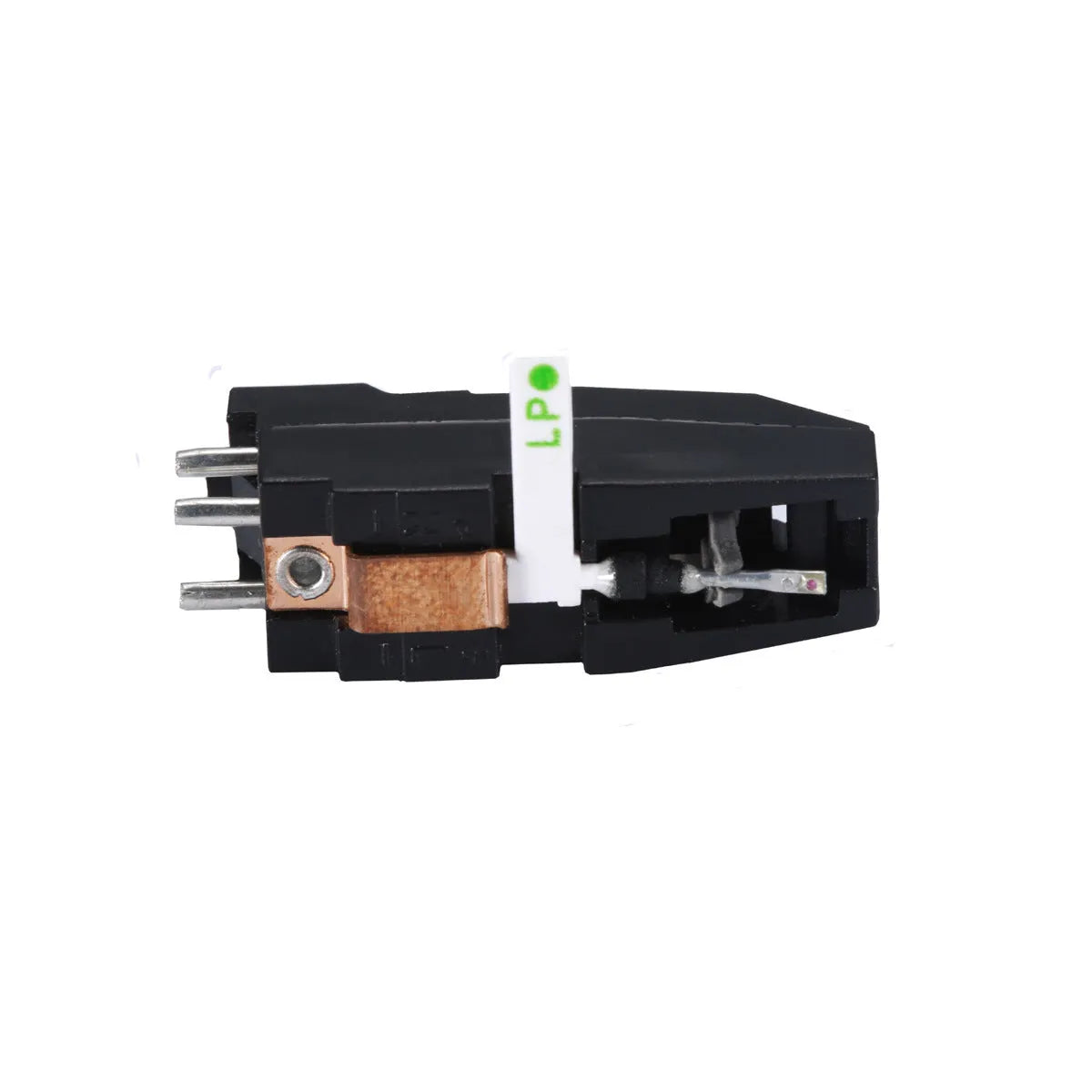 Double needle magnetic record player cartridge with black ABS shell.