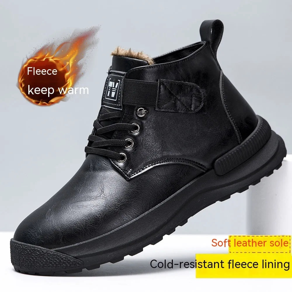 Men's black high-top platform boots with a velvet texture upper and thick rubber sole.
