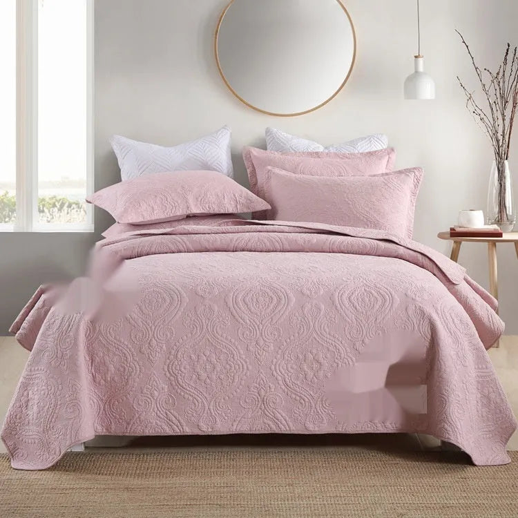 Pure cotton bed cover three-piece set in solid colours with embroidery detail for standard double beds
