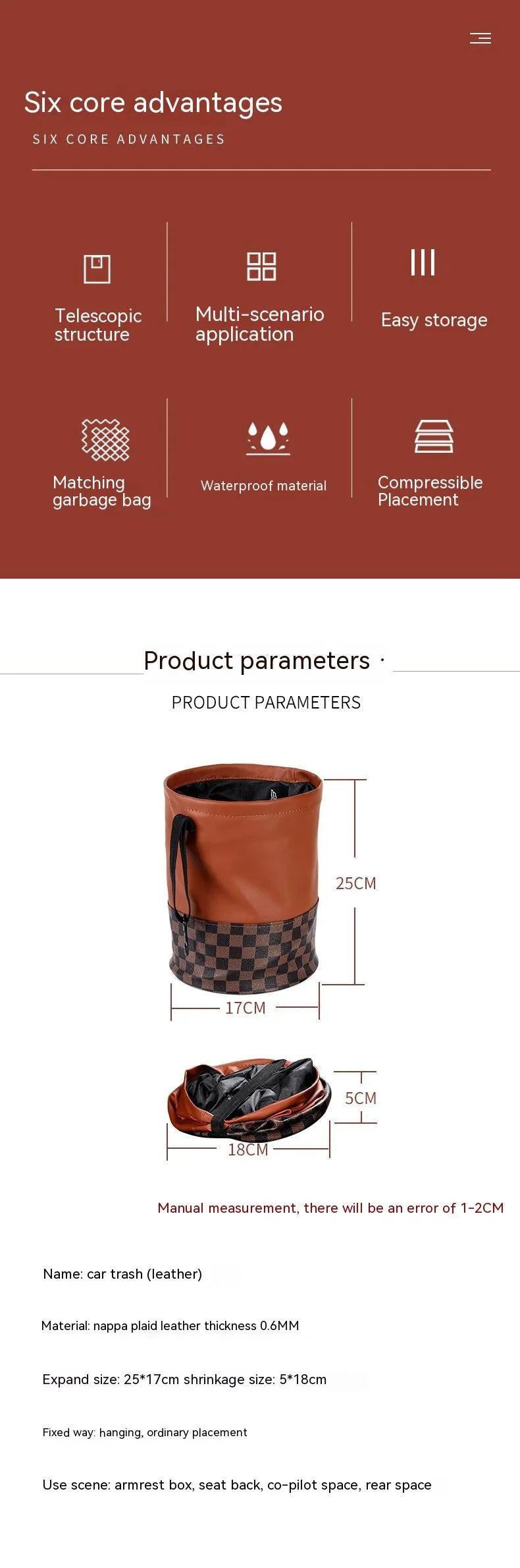 Black retractable leather car rubbish bin showing collapsed and expanded positions
