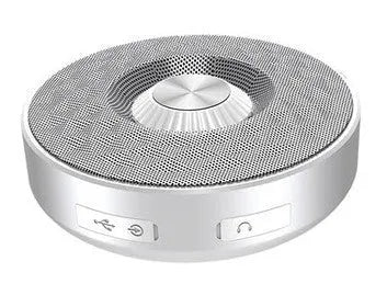 Compact black/orange/silver white portable Bluetooth speaker on a surface, showing its 360-degree grille.