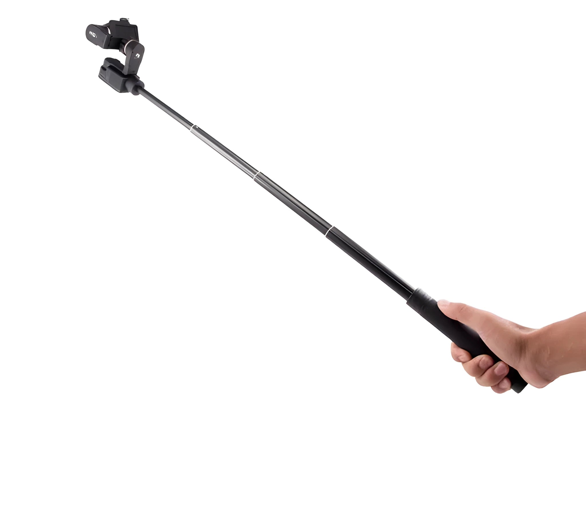Black retractable selfie stick with stabilizer grip extended to full length with phone attached