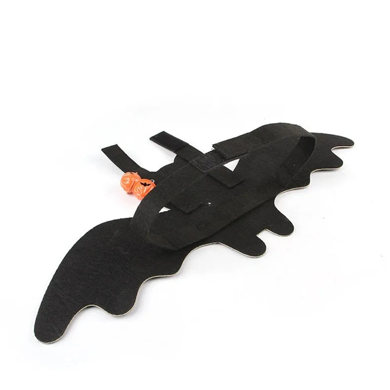 Orange and black batwing costume on a cat for Halloween, with felt fabric and optional bell.