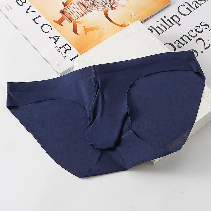 Men's black ice silk seamless briefs with bulge gun egg design on a mid-waist model
