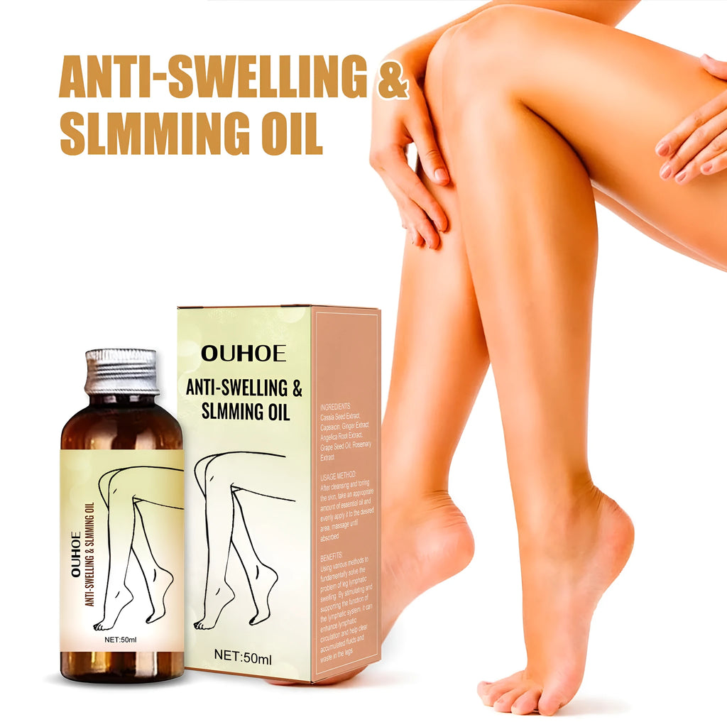 50ml bottle of moisturising body oil with cassia seed and ginger extract for skin care and leg massage.