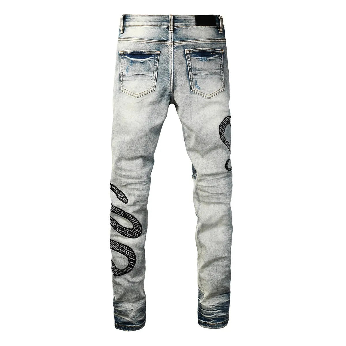 Blue distressed skinny jeans with button fly closure and micro elastic cotton fabric