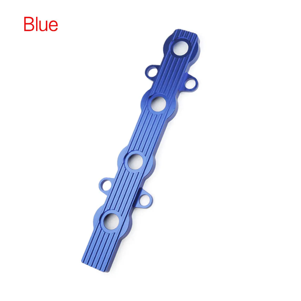 Aluminium engine harness cover in blue, red, or silver, shown with and without mounting holes.