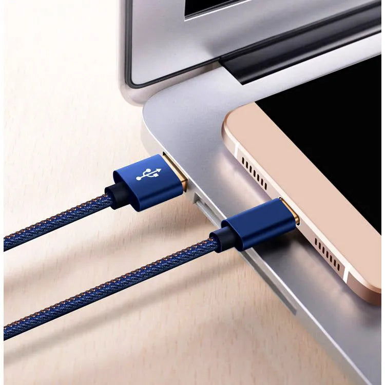 Denim braided Type-C charging cable showing black, blue and red colour options with aluminium alloy connectors