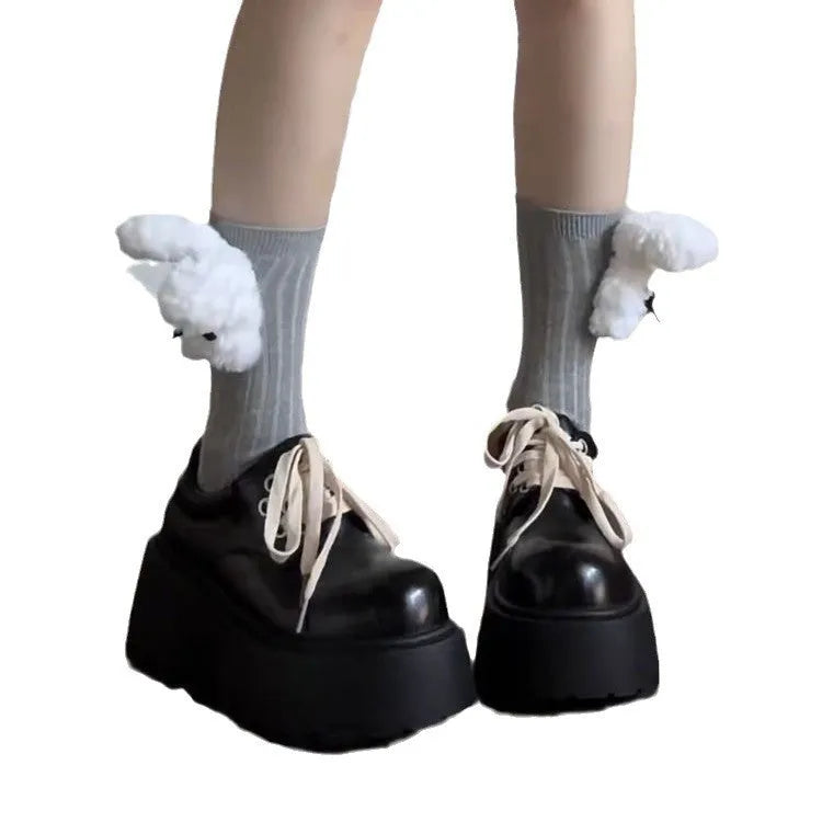 Women's matte black retro lace-up shoes with thick sole and 6-8cm heel