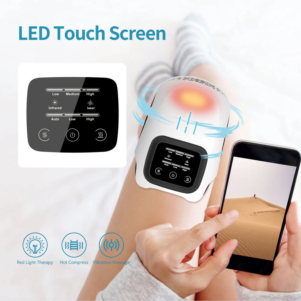White rechargeable electric knee massager with kneading, heating and infrared laser functions