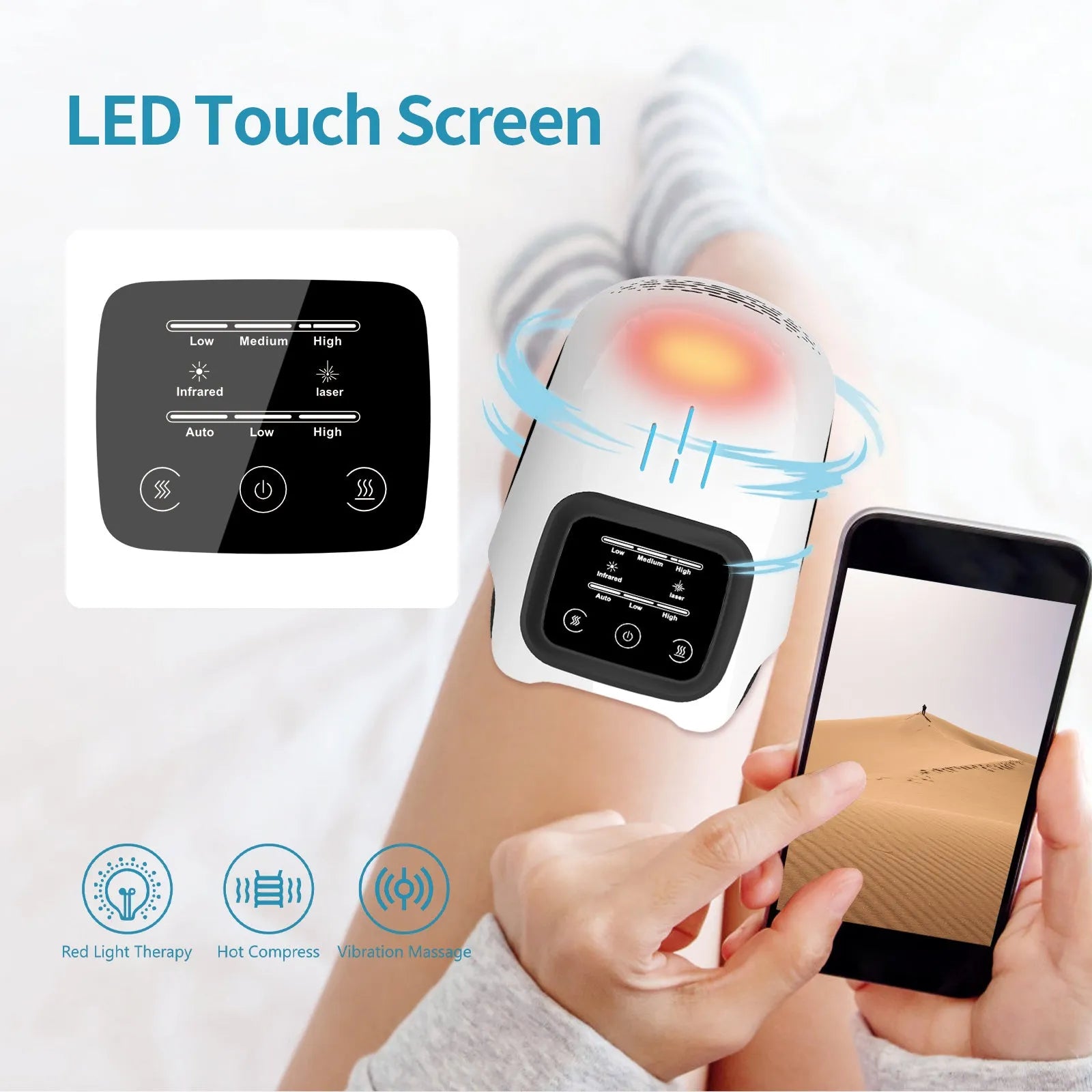 White rechargeable electric knee massager with kneading, heating and infrared laser functions