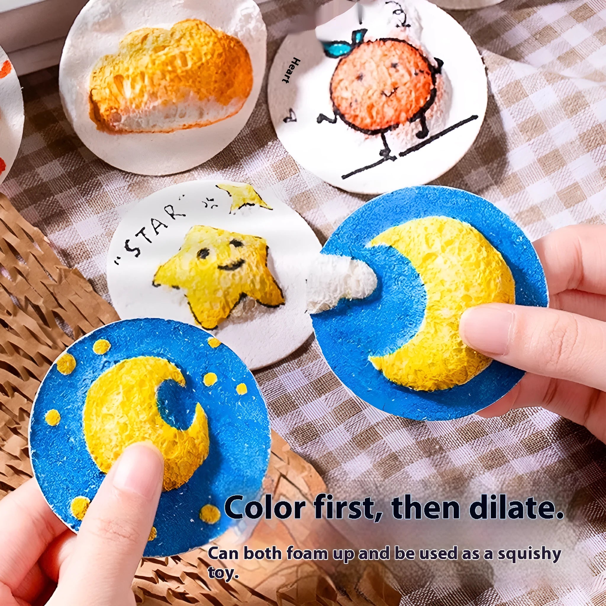 Cartoon painting wood pulp paper set showing heart, round, square shapes with 6 fountain pens and cellulose sponge