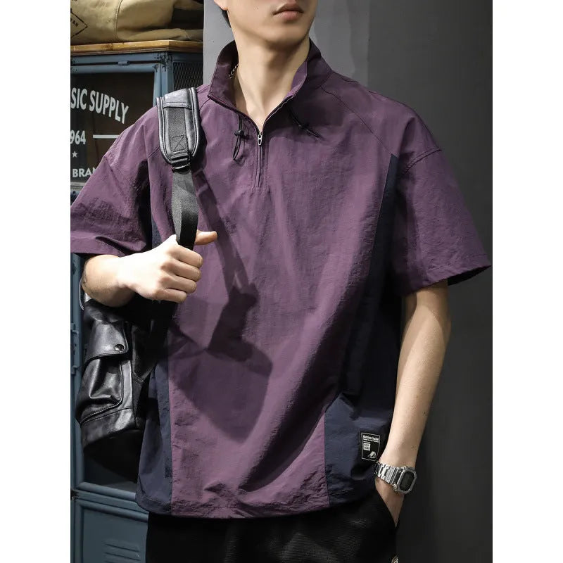Men's brown half zipped stand collar shirt in Vinylon ice silk fabric