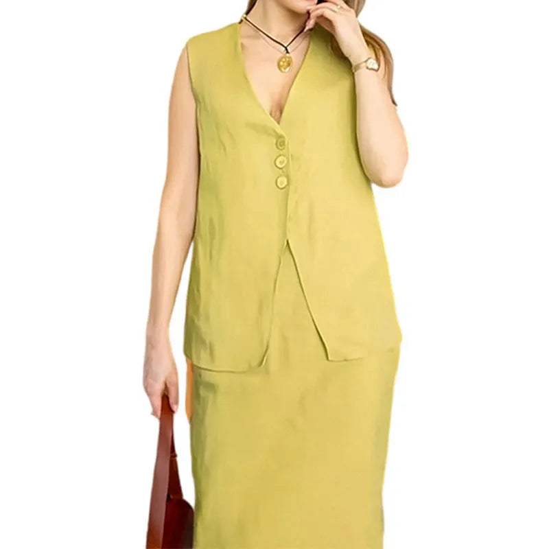 White sleeveless vest and long maxi skirt two-piece casual suit on a hanger.