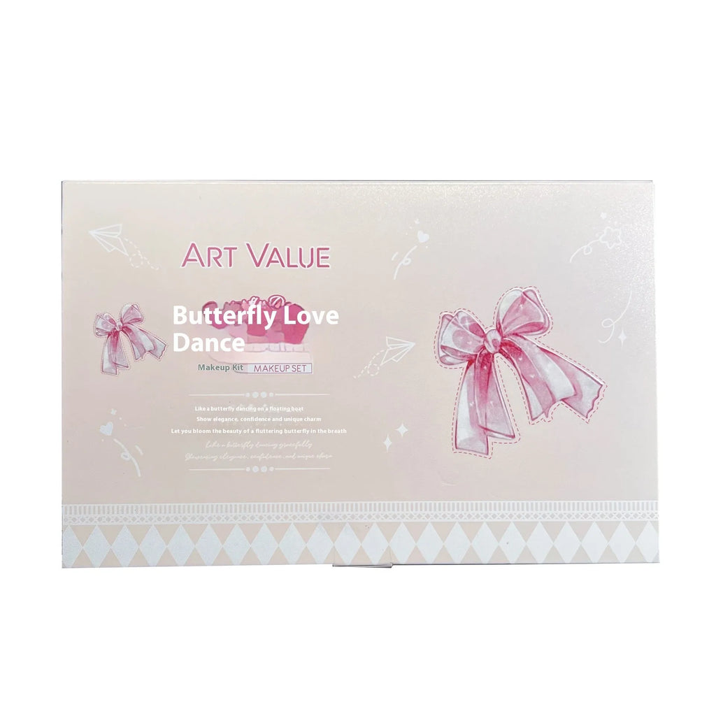 Butterfly Box makeup set containing four pink lip muds, powder blusher and necklace in butterfly packaging