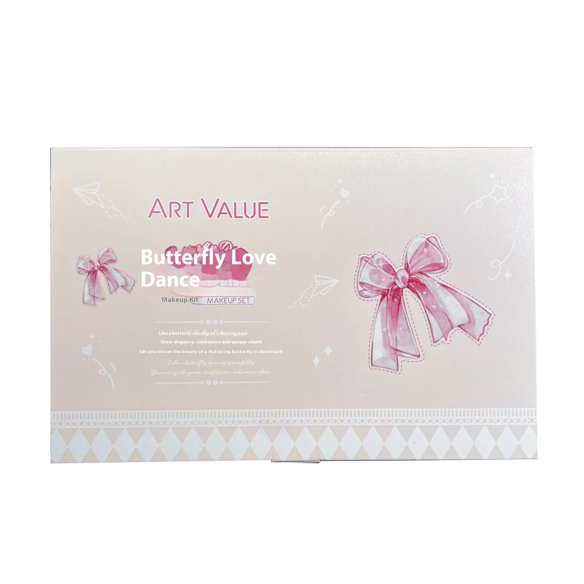 Butterfly Box makeup set containing four pink lip muds, powder blusher and necklace in butterfly packaging