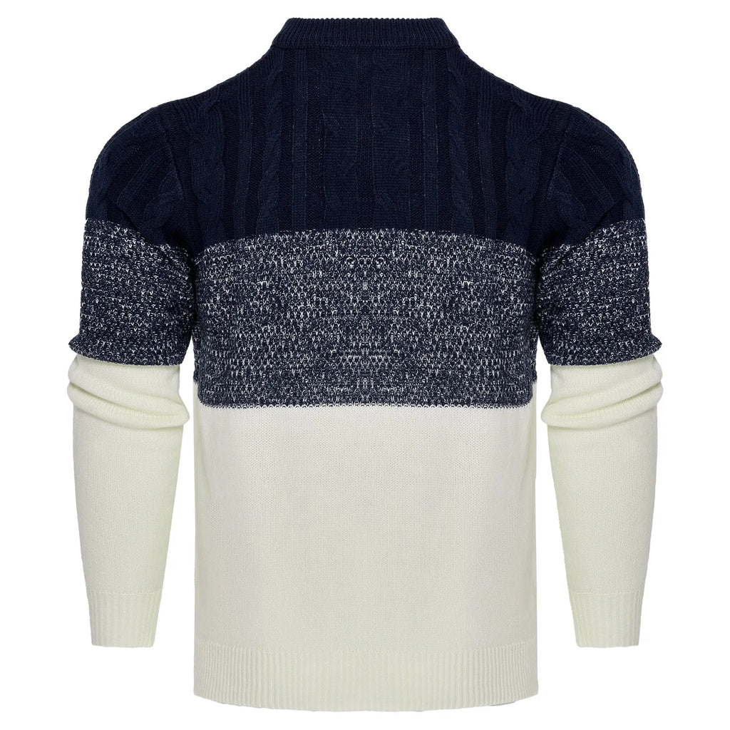 Men's soft knitted long-sleeved pullover sweater on a model, showing style variation.