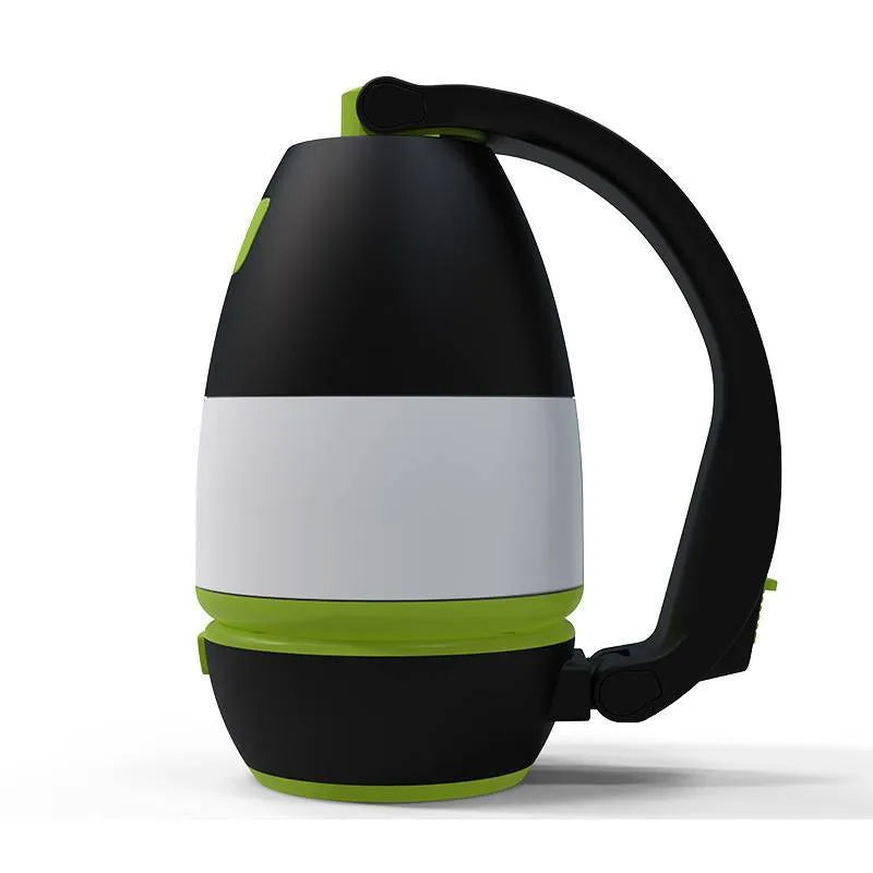 Black green foldable LED lamp with USB port shown in desk, camping, and flashlight modes