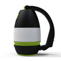 Black green foldable LED lamp with USB port shown in desk, camping, and flashlight modes
