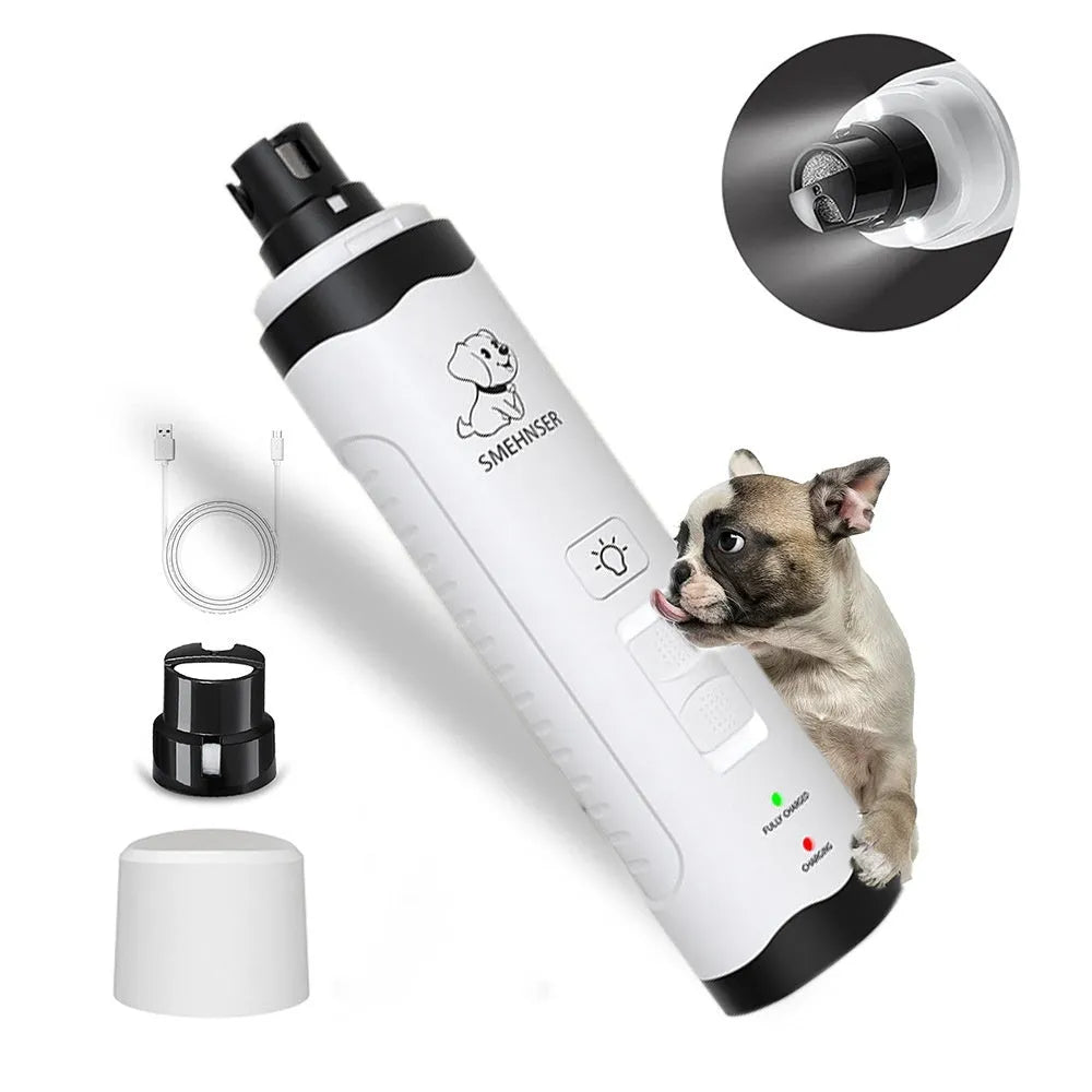 Automatic electric nail grinder for dogs showing digital display, LED indicators, and dust collection system