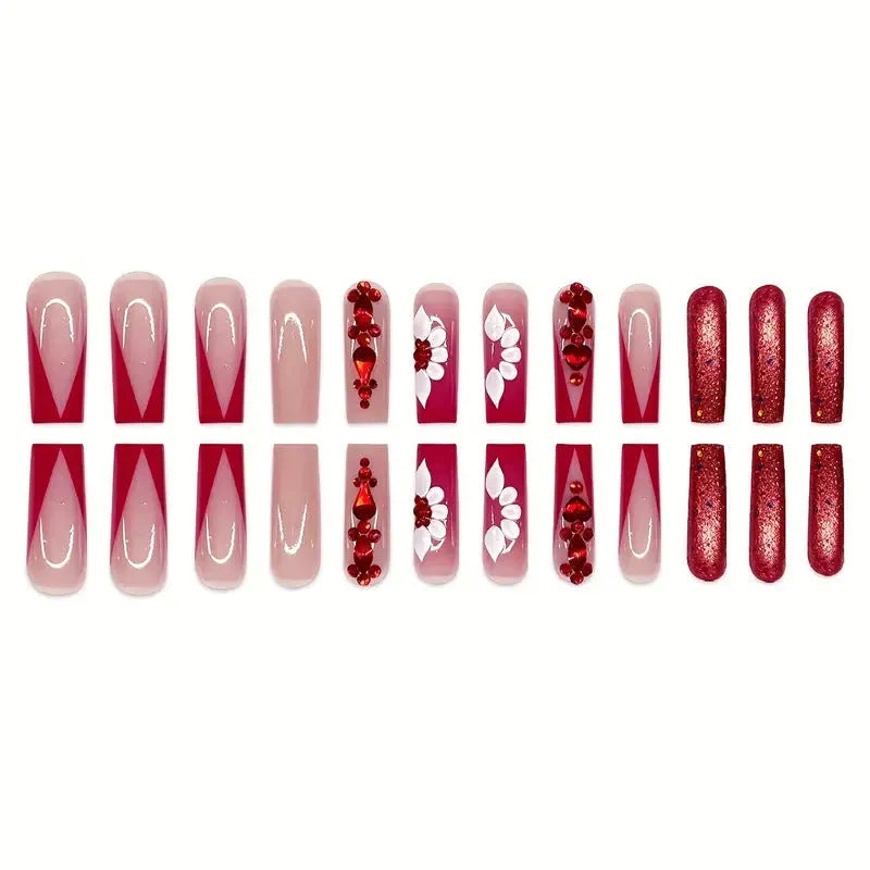 Sweet flowers and red diamond pattern on long European square removable false nails with glue and file.