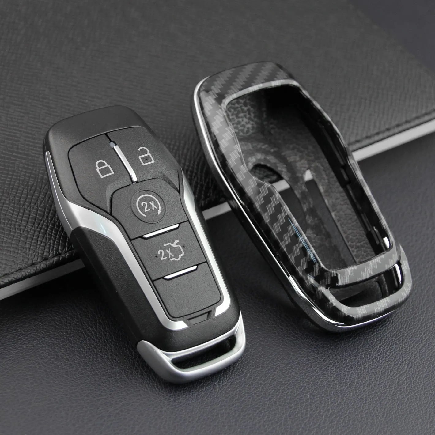 A plastic protective shell for a car key remote, shown in a single-piece design with an optional buckle attachment.