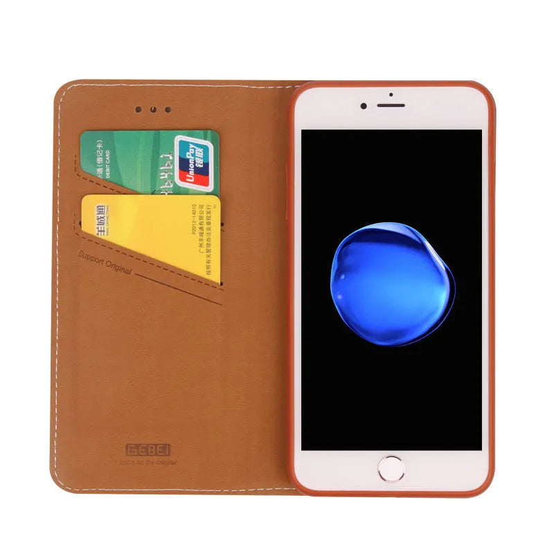 Imported PU leather wallet case for iPhone in black, blue, brown, khaki, or pink with card slot.