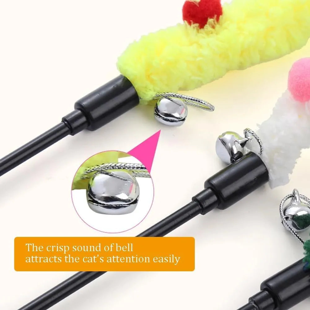 Blue cat teaser wand with plush strip, colourful ball, and bell on 41cm pole