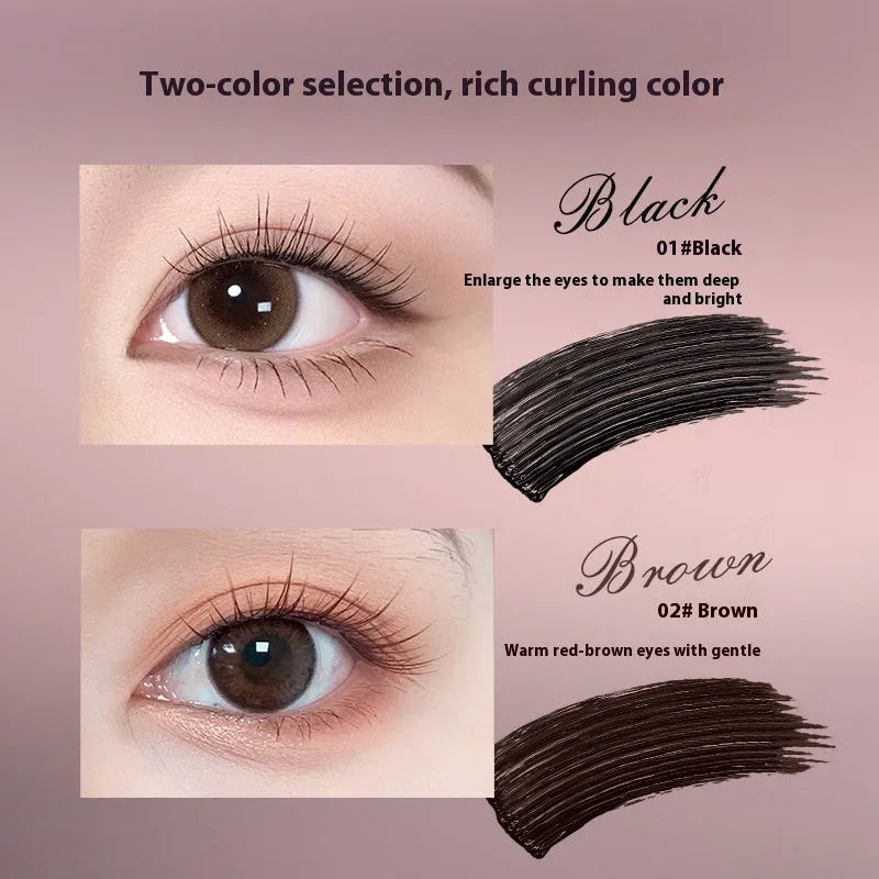 Long curling mascara tube in black and brown colour options with applicator brush