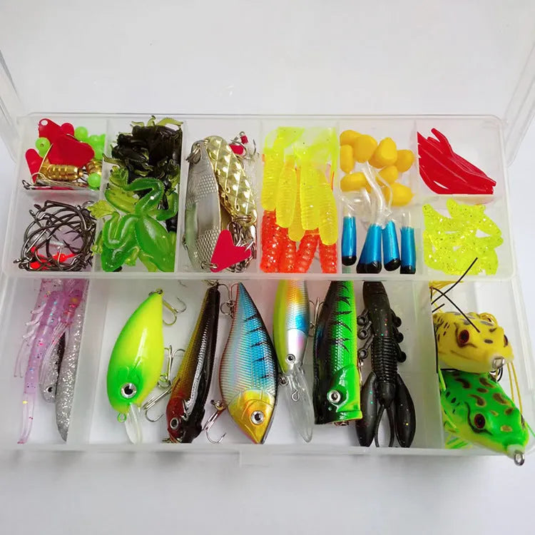 Hard Mino fishing lure set with 142 pieces including sequin lures and fishing pliers