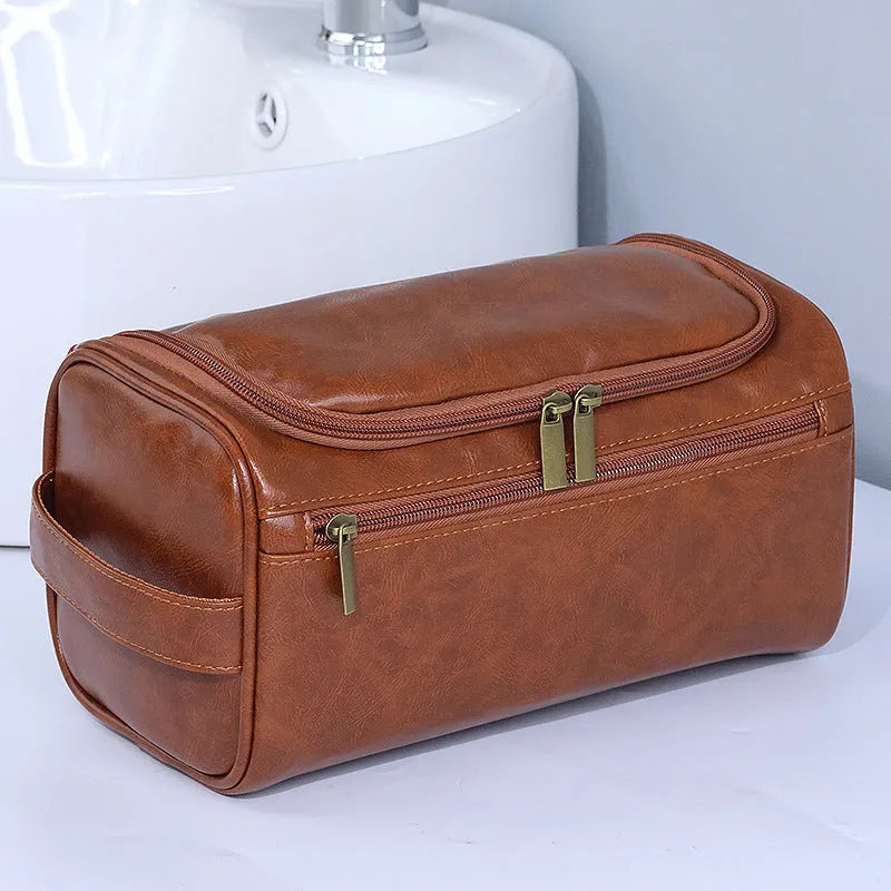 Waterproof PU leather cosmetic bag in retro style with large capacity for skincare and makeup storage