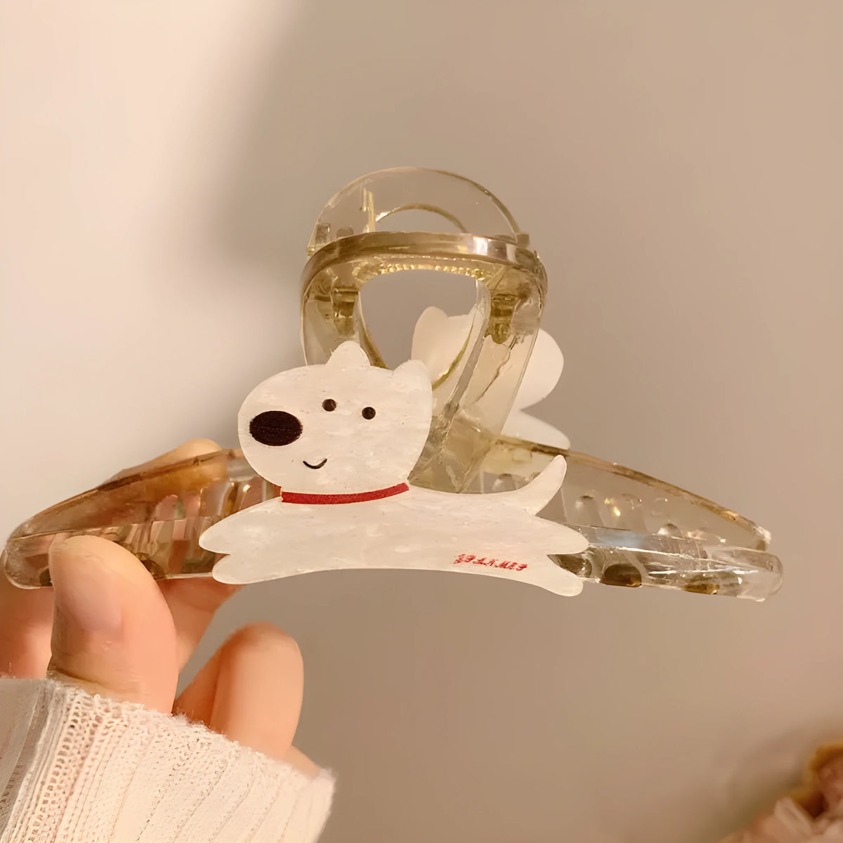 Cartoon puppy design grip hair clip barrette in beige or brown, shown at 13cm and 8cm sizes.