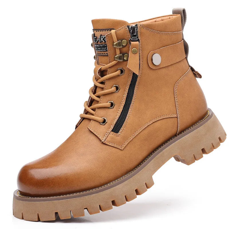 Men's brown high-top leather Martin boots with side zipper and round toe on a non-slip rubber sole.