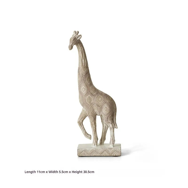 Wood colour synthetic resin giraffe ornament in European style on a shelf.