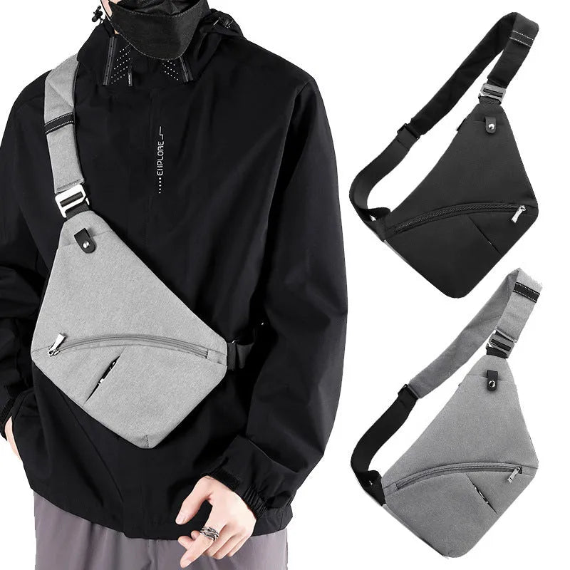 Grey men's oxford cloth chest bag with letter detail, worn on the shoulder.