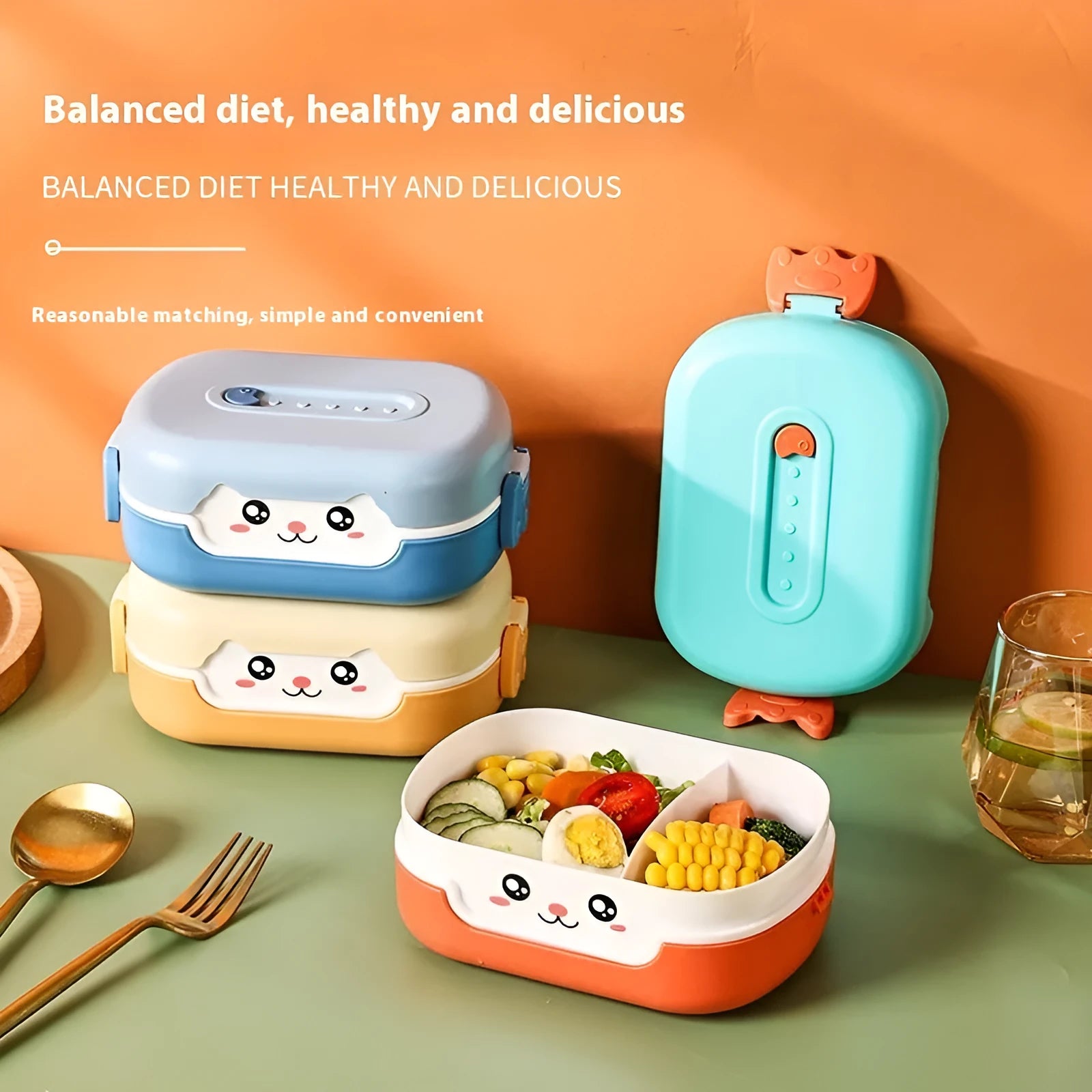 Square plastic divided lunch box showing multiple colour options including dark blue, orange, and pink and green