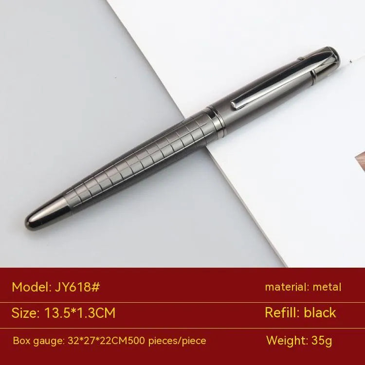 Gun grey metal roller pen showing 13.5cm length and 1.3cm diameter with black or blue ink options