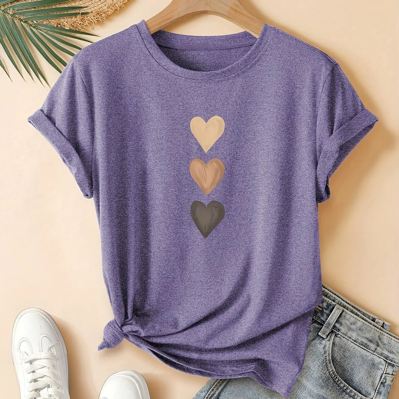 Women's pure cotton T-shirt with three heart printing in blue colour, short sleeve round neck design