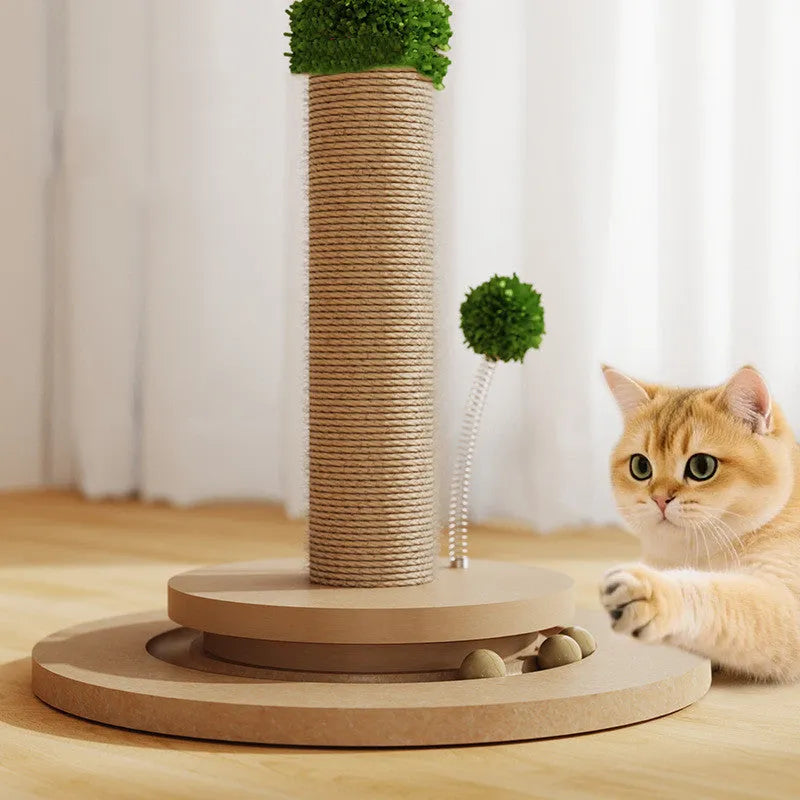 Vertical cat climbing frame with sisal scratching posts and cantilevered perches in cane colour