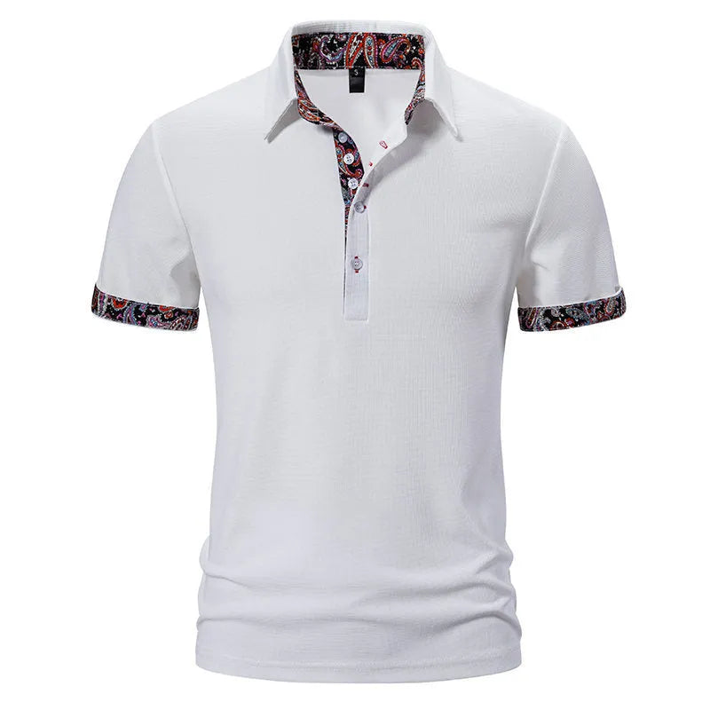 Men's cotton blend polo shirt with colour stitching on turnover collar in white, black, or navy blue