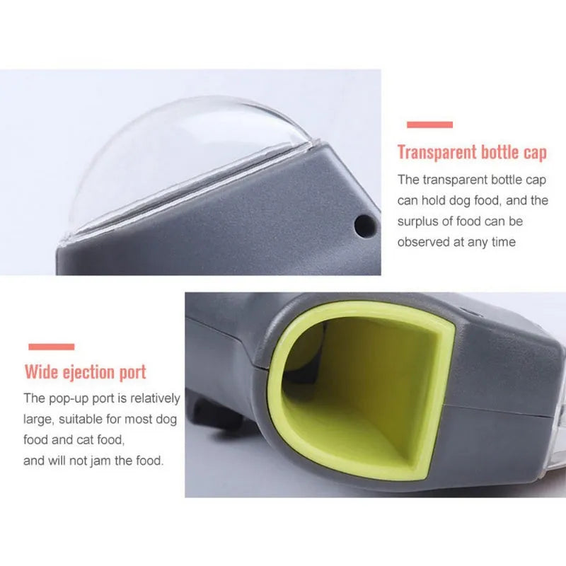 Grey pet snack catapult launcher for dogs and cats, showing compact size and trigger mechanism.