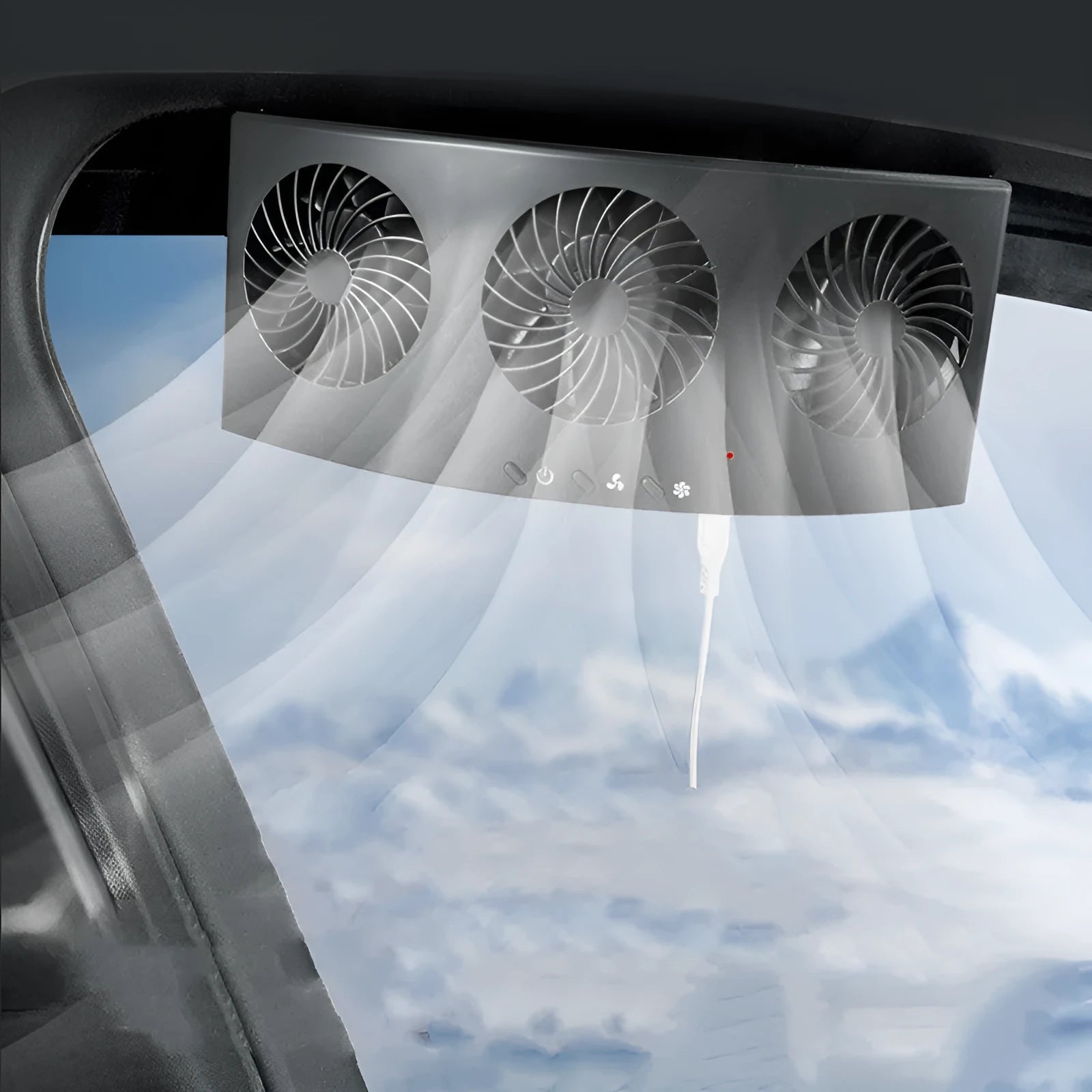Black and white USB-powered car ventilation fan for exhaust odour removal on windowsill.