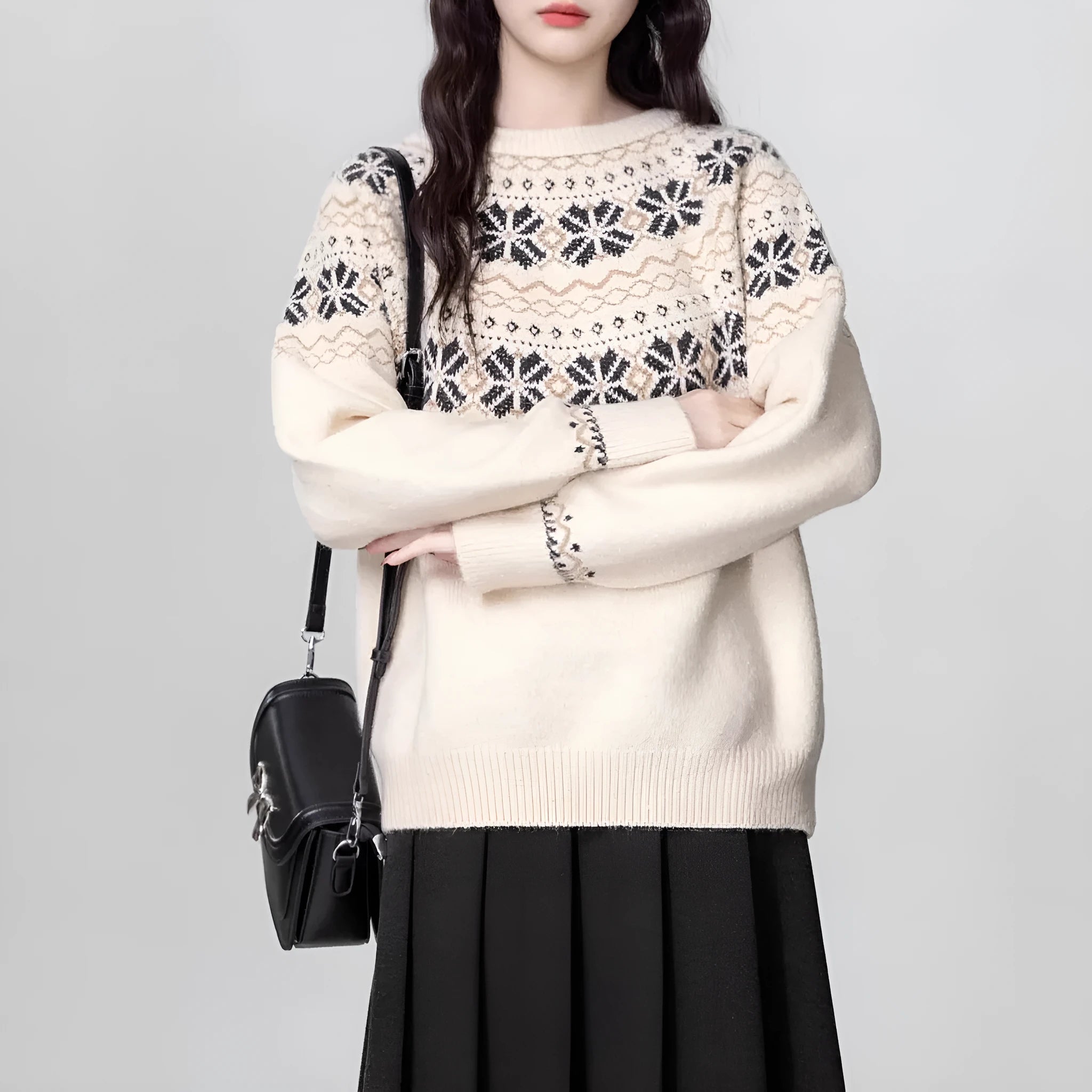 Women's milky white Fair Isle patterned pullover sweater with geometric design and crew neck.