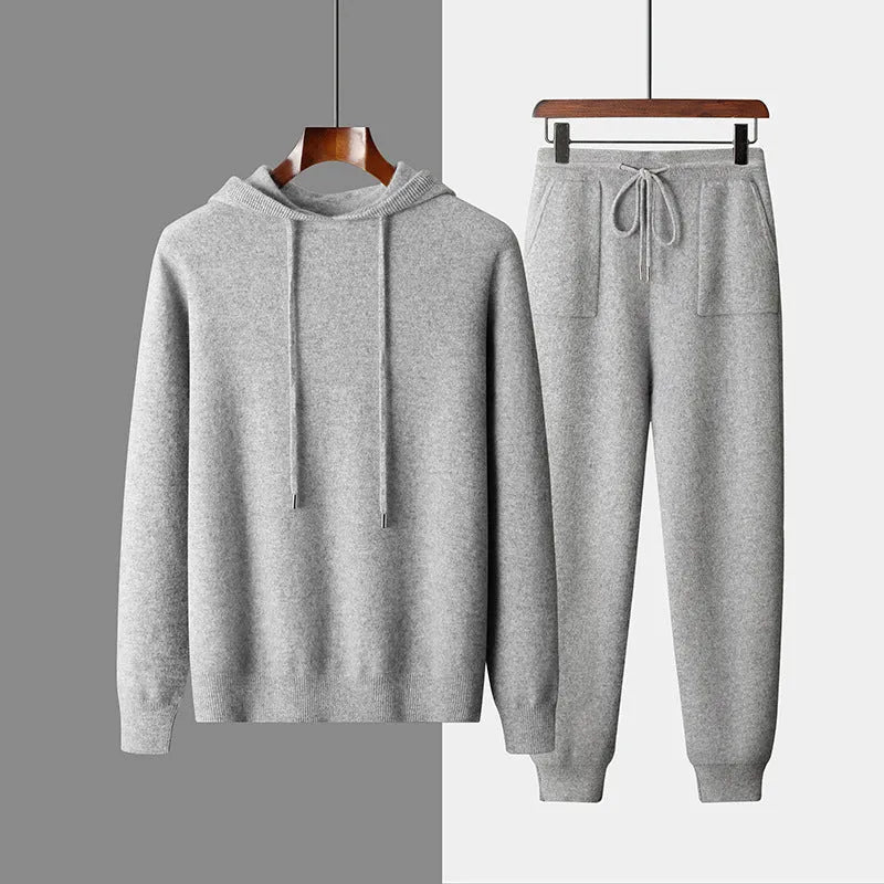 Men's light grey cashmere hooded knit sweatshirt and matching trousers casual winter set.